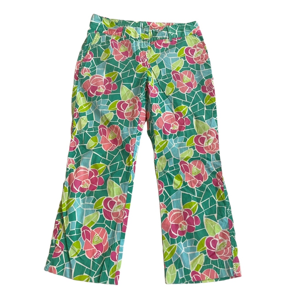 Lilly Pulitzer Floral Mosaic Pants Womens 2 Green Pink Cotton Blend Trousers